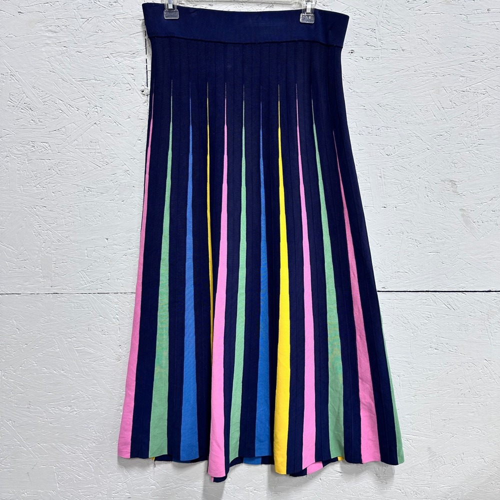 Maeve L Fit and Flare Sweater Skirt Navy Multi Stripe Rainbow Mod Preppy Midi